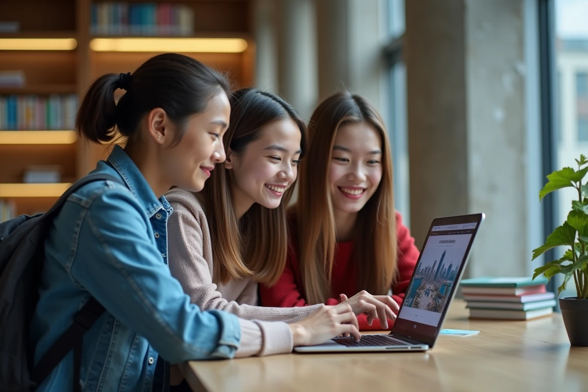 Groupe d'étudiants universitaires collaborant sur un jeu sérieux de simulation en bibliothèque