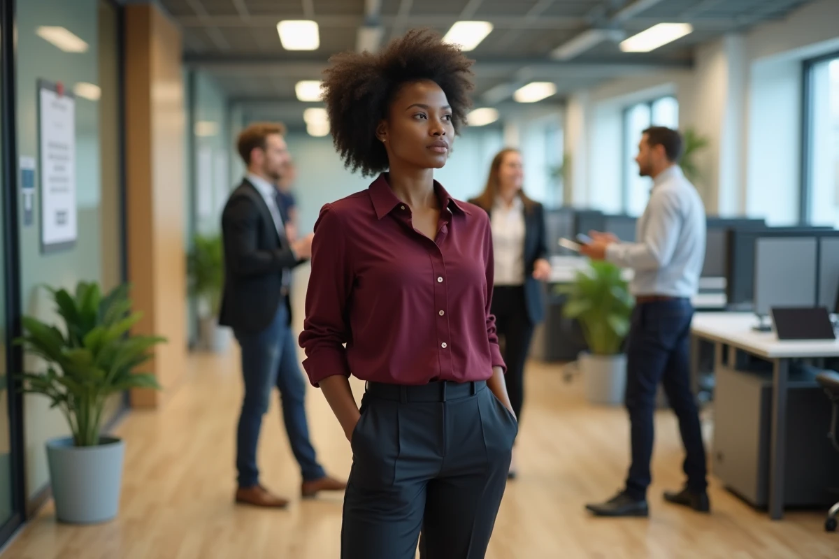 Jeune femme noire isolée de ses collègues blancs dans un couloir de bureau moderne, illustrant l'exclusion sociale et les problèmes de diversité en entreprise