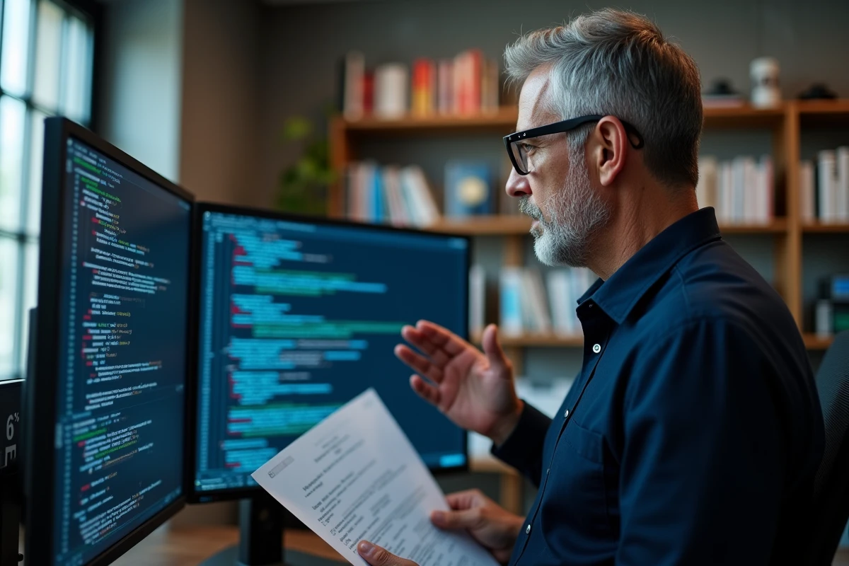 Homme expert en informatique comparant des textes générés par IA sur deux écrans dans un bureau technologique