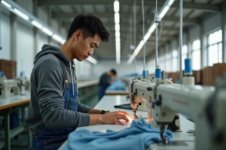 Ouvrier textile cousant un sweat Stüssy dans une usine de fabrication de vêtements en Asie