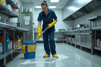Professionnelle du nettoyage récurant un sol carrelé dans une cuisine industrielle avec les quatre facteurs essentiels du nettoyage réunis