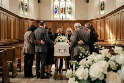 Famille réunie autour d'un petit cercueil blanc fleuri lors d'une cérémonie funèbre dans une chapelle apaisante