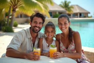 Famille en vacances dans un resort tout inclus au bord de la mer, concurrent du Club Med