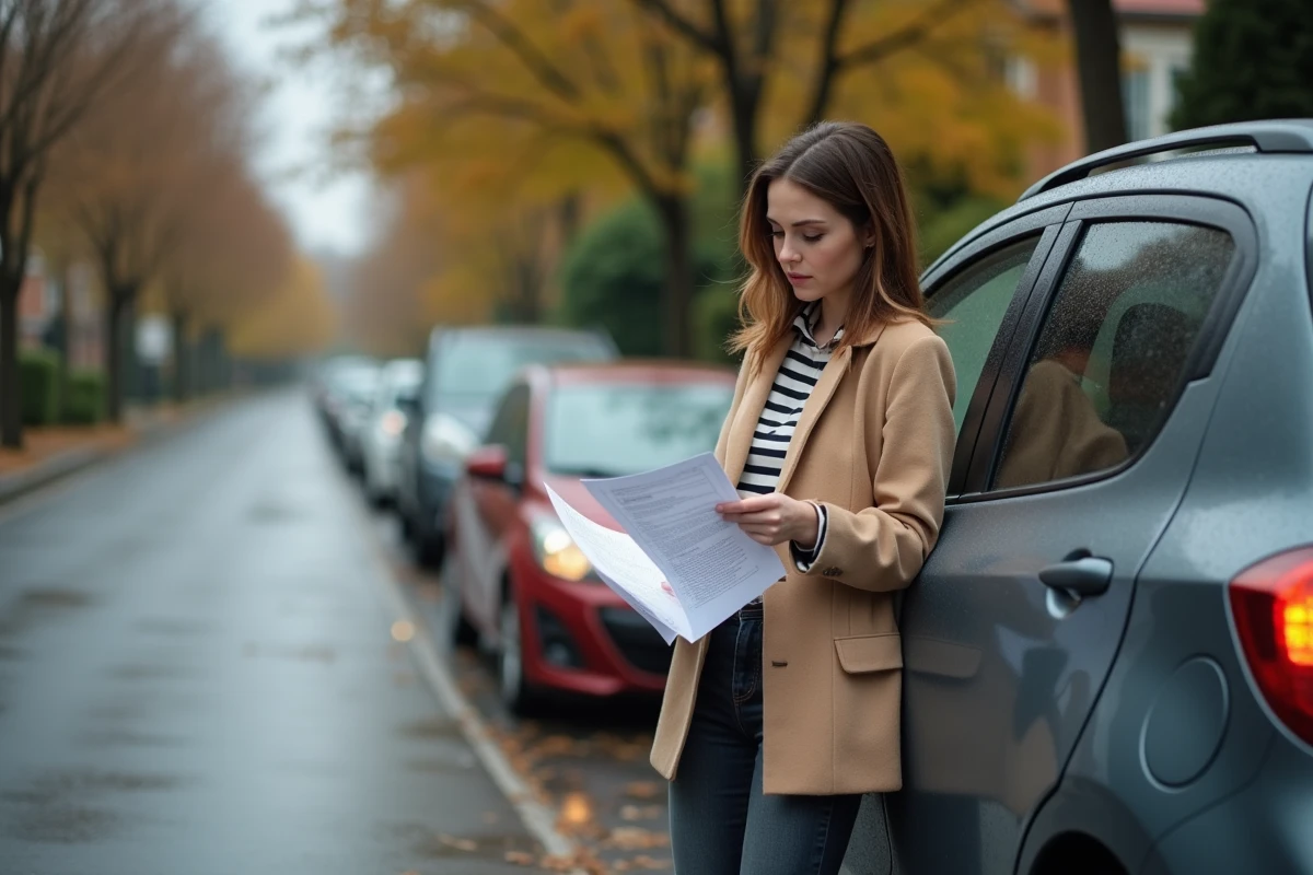 Femme consultant un rapport d'historique pour l'achat d'une voiture d'occasion fiable