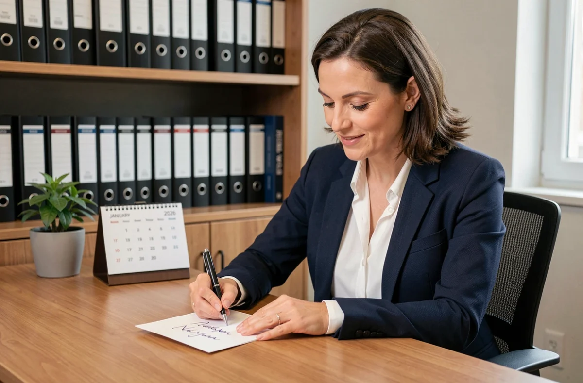 Femme d'affaires signant une carte de vœux professionnelle pour la nouvelle année 2026 à son bureau