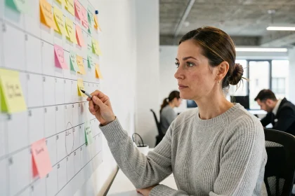 Femme professionnelle analysant un calendrier mural avec des notes autocollantes colorées dans un bureau moderne, illustrant le calcul du nombre de jours depuis une date