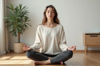 Femme pratiquant une technique d'ancrage en méditation assise sur un plancher en bois dans un intérieur minimaliste