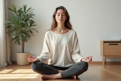 Femme pratiquant une technique d'ancrage en méditation assise sur un plancher en bois dans un intérieur minimaliste