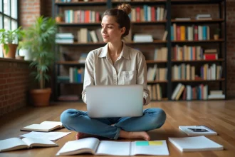 Femme adulte apprenant de manière autonome entourée de cahiers et d'un ordinateur portable, illustrant le concept d'heutagogie et d'apprentissage autodirigé