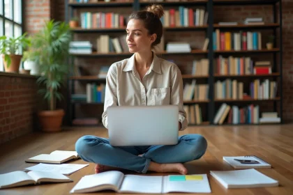 Femme adulte apprenant de manière autonome entourée de cahiers et d'un ordinateur portable, illustrant le concept d'heutagogie et d'apprentissage autodirigé