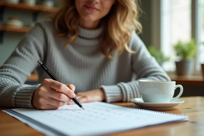 Femme consultant et annotant un calendrier imprimé semaines paires et impaires 2026 à la table de cuisine