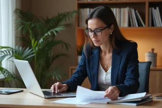 Femme consultant un site immobilier pour estimer le prix de vente d'un bien sur son ordinateur portable