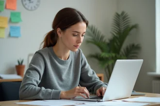 Femme analysant un texte généré par IA sur un ordinateur portable dans un bureau minimaliste