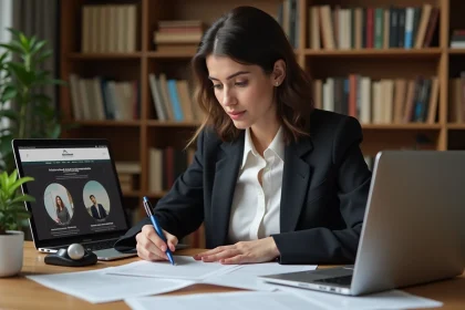 Femme consultant des documents légaux sur le copyright liés à une plateforme d'archives musicales