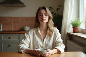 Femme assise à une table de cuisine vide, les yeux fermés, ressentant la sensation de faim dans un moment de pleine conscience
