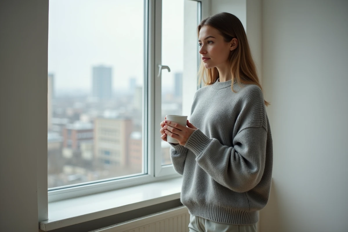 Jeune femme pensive près d'une fenêtre tenant une tasse, symbolisant l'introspection et l'autonomie émotionnelle vis-à-vis de sa mère