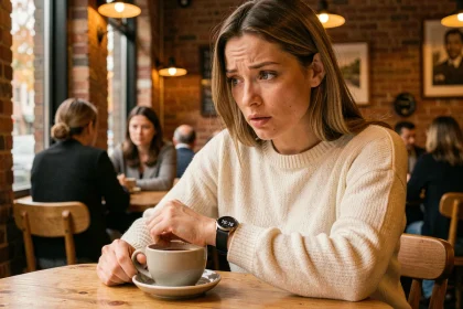 Femme pensive dans un café regardant sa montre affichant 16h16, symbolisant un moment de prise de conscience et de tournant personnel