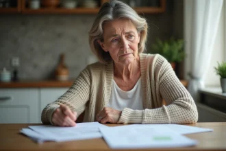 Femme en arrêt maladie consultant des documents administratifs et médicaux à domicile, illustrant l'inaptitude au travail et les démarches d'indemnisation