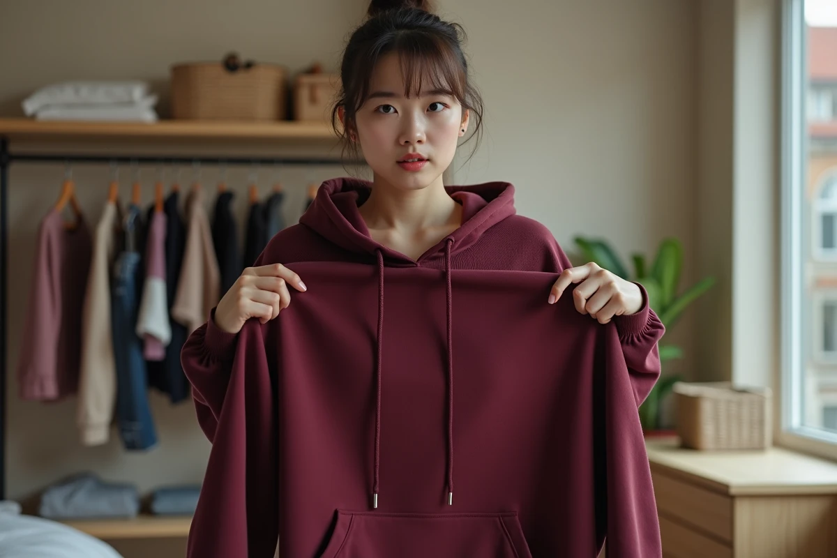 Jeune femme inspectant les épaules déformées d'un sweat-shirt bordeaux après l'avoir retiré d'un cintre