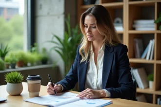 Femme professionnelle analysant des documents d'investissement durable dans un bureau moderne avec vue sur un jardin urbain