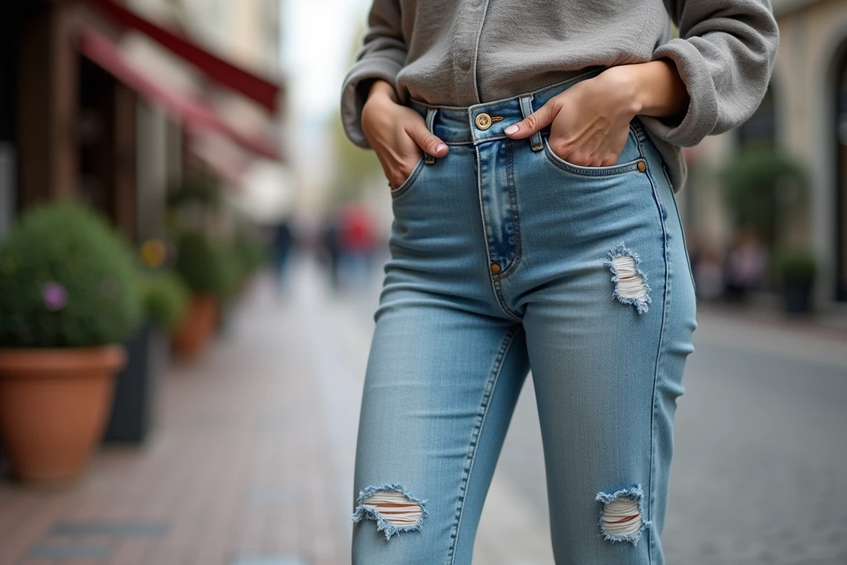 Femme portant un jean slim délavé avec zones d'usure visibles aux cuisses dans une rue urbaine