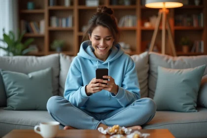 Jeune femme jouant à Monopoly GO sur son smartphone dans un salon cosy, déterminée à progresser plus vite que ses amis