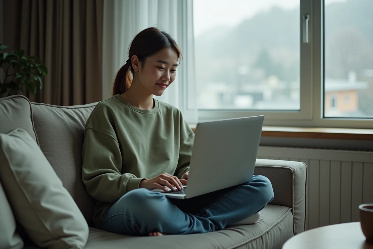 Jeune femme consultant un site de scantrad alternatif sur ordinateur portable depuis son canapé