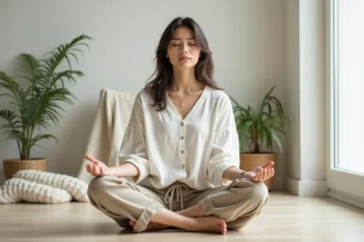 Femme pratiquant la pleine conscience assise en tailleur sur un plancher en bois dans un intérieur minimaliste et apaisant