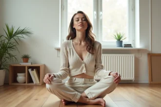 Femme pratiquant la méditation de pleine conscience assise en tailleur sur un parquet en bois dans un appartement minimaliste