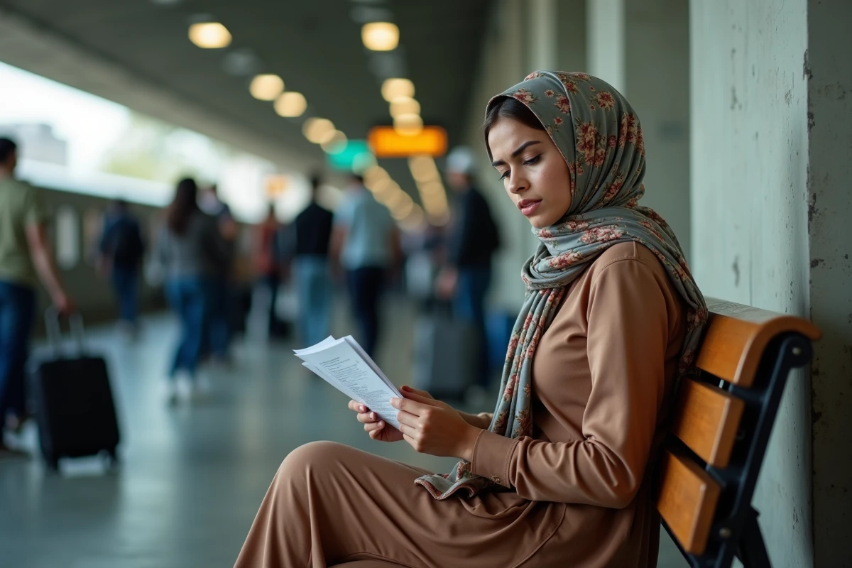 Jeune femme migrante assise dans une gare de transit, tenant des documents administratifs, représentant les défis des migrations forcées