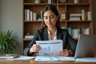 Une femme millennial analyse ses projections de retraite sur un ordinateur portable dans un bureau à domicile moderne