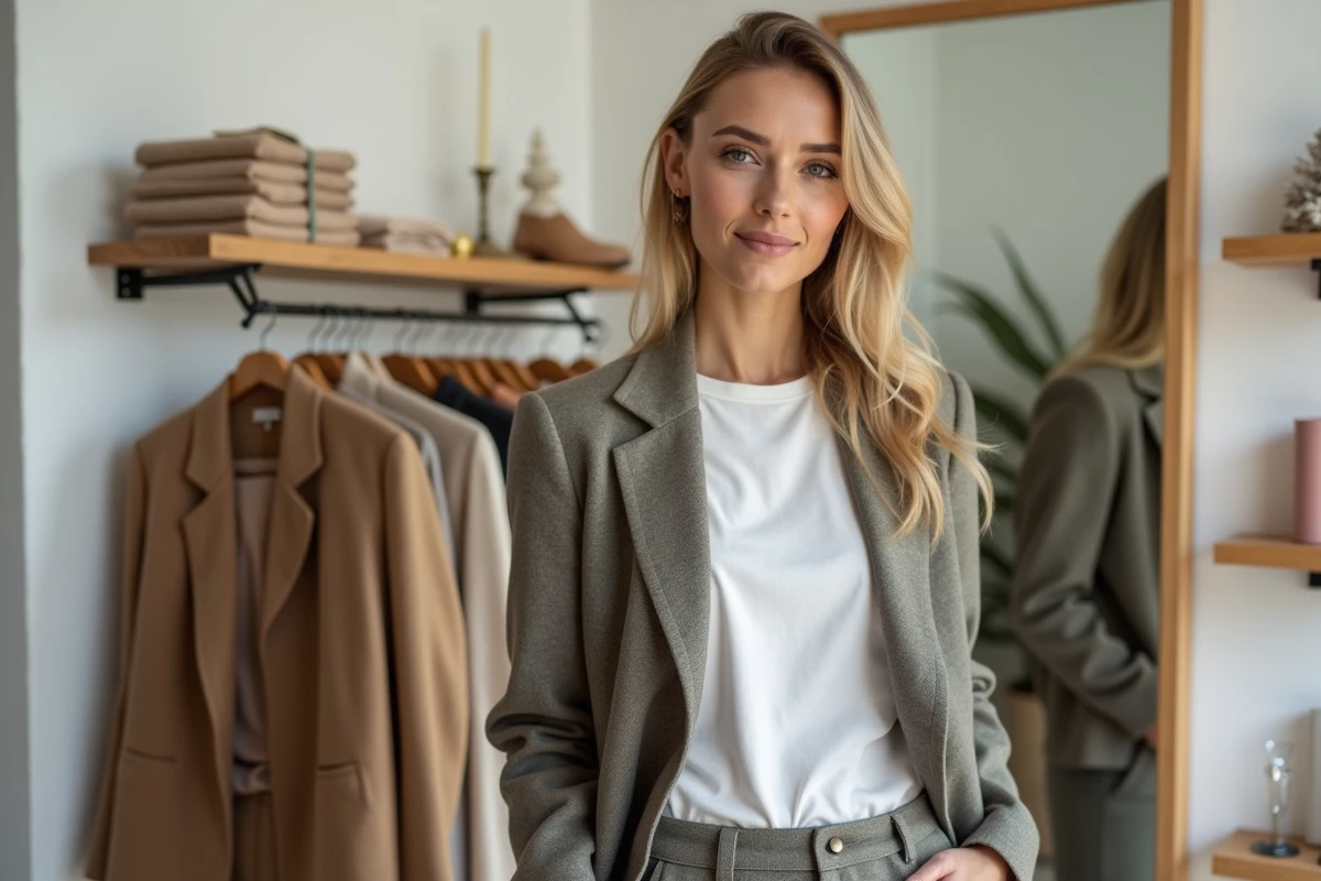 Femme élégante essayant des vêtements vintage dans une boutique de mode durable et minimaliste