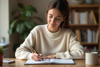 Femme organisant ses tâches quotidiennes dans un agenda sur un bureau en bois, ambiance bureau à domicile