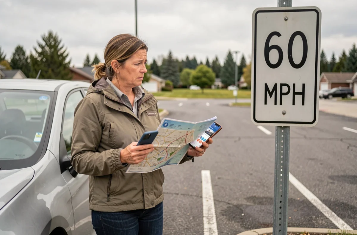 Femme perplexe devant un panneau de limitation de vitesse en miles par heure lors d'un voyage en Amérique du Nord