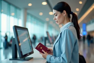 Femme tenant un passeport à un comptoir d'aéroport consultant les nouvelles exigences ETIAS pour voyager en Europe en 2026