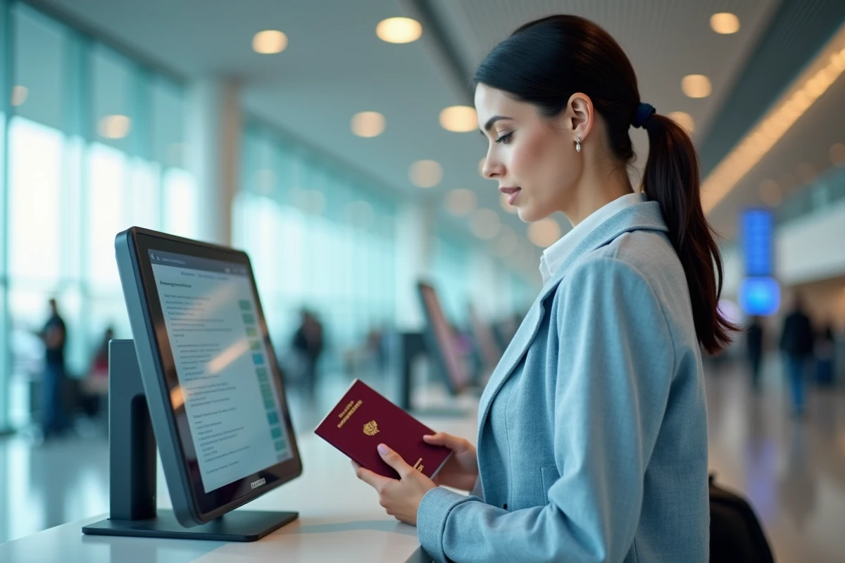 Femme tenant un passeport à un comptoir d'aéroport consultant les nouvelles exigences ETIAS pour voyager en Europe en 2026
