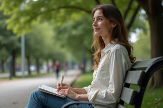 Jeune femme pensive assise seule sur un banc de parc, illustrant la réflexion sur l'identité sexuelle et l'asexualité