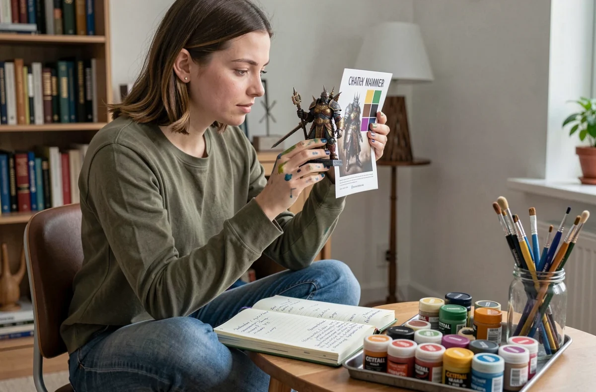 Jeune femme adulte évaluant sa figurine Warhammer Chaos Warrior en suivant un programme de peinture mensuel noté dans un carnet