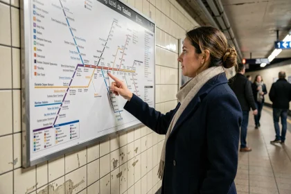 Femme consultant le plan du métro de Toulouse affiché dans une station souterraine, doigt pointé sur un nœud de correspondance
