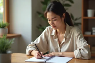 Femme organisée écrivant dans un agenda papier à son bureau pour planifier sa journée et gérer son temps efficacement