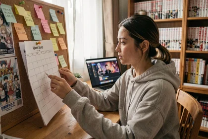 Jeune femme consultant un planning détaillé d'Anime Sama épinglé sur un tableau en liège dans un bureau cosy