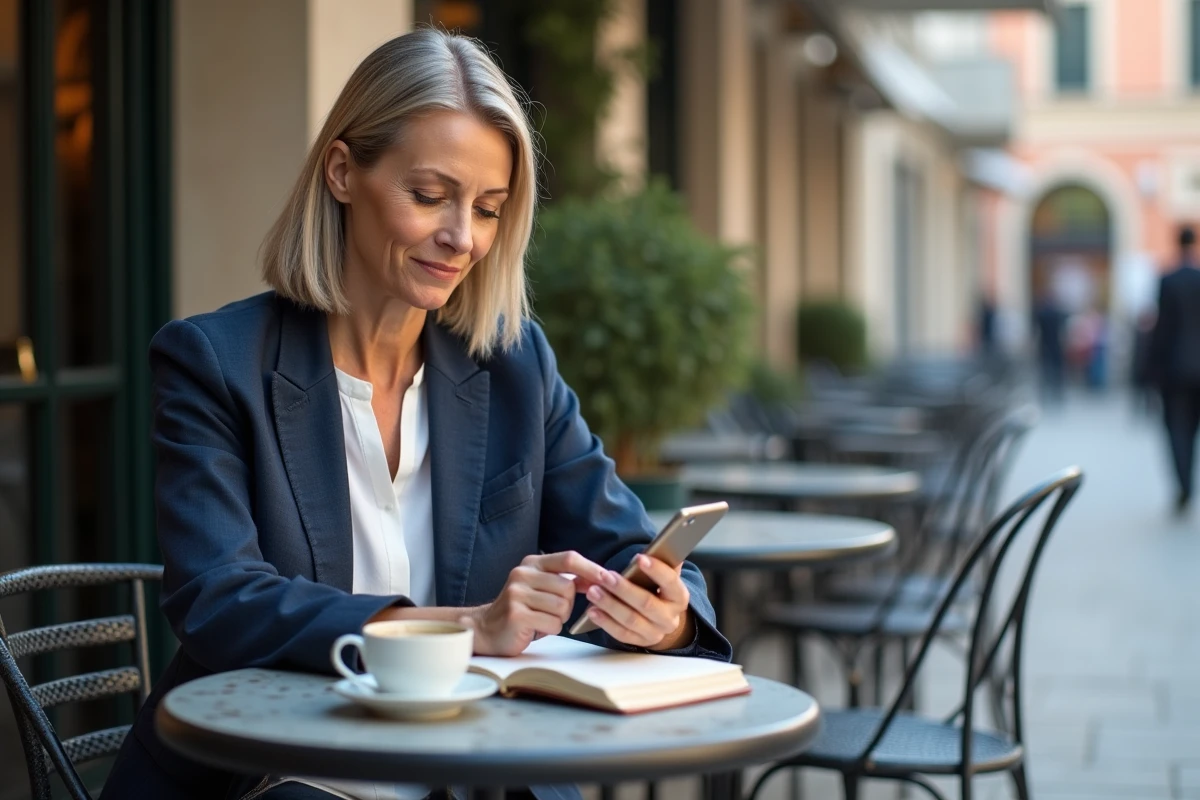 Femme d'affaires organisant son planning quotidien avec un smartphone et un carnet en terrasse de café