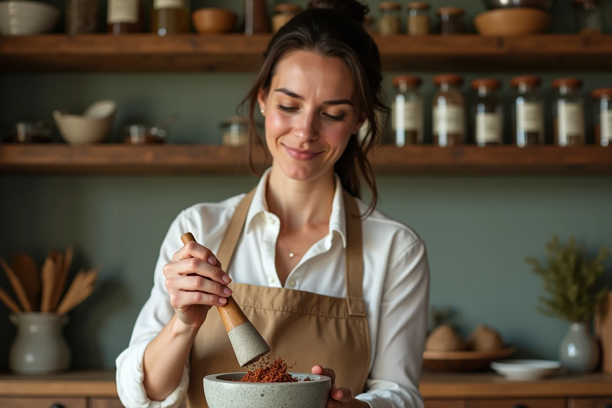 Femme préparant un mélange d'épices dans un mortier en pierre dans une cuisine artisanale chaleureuse