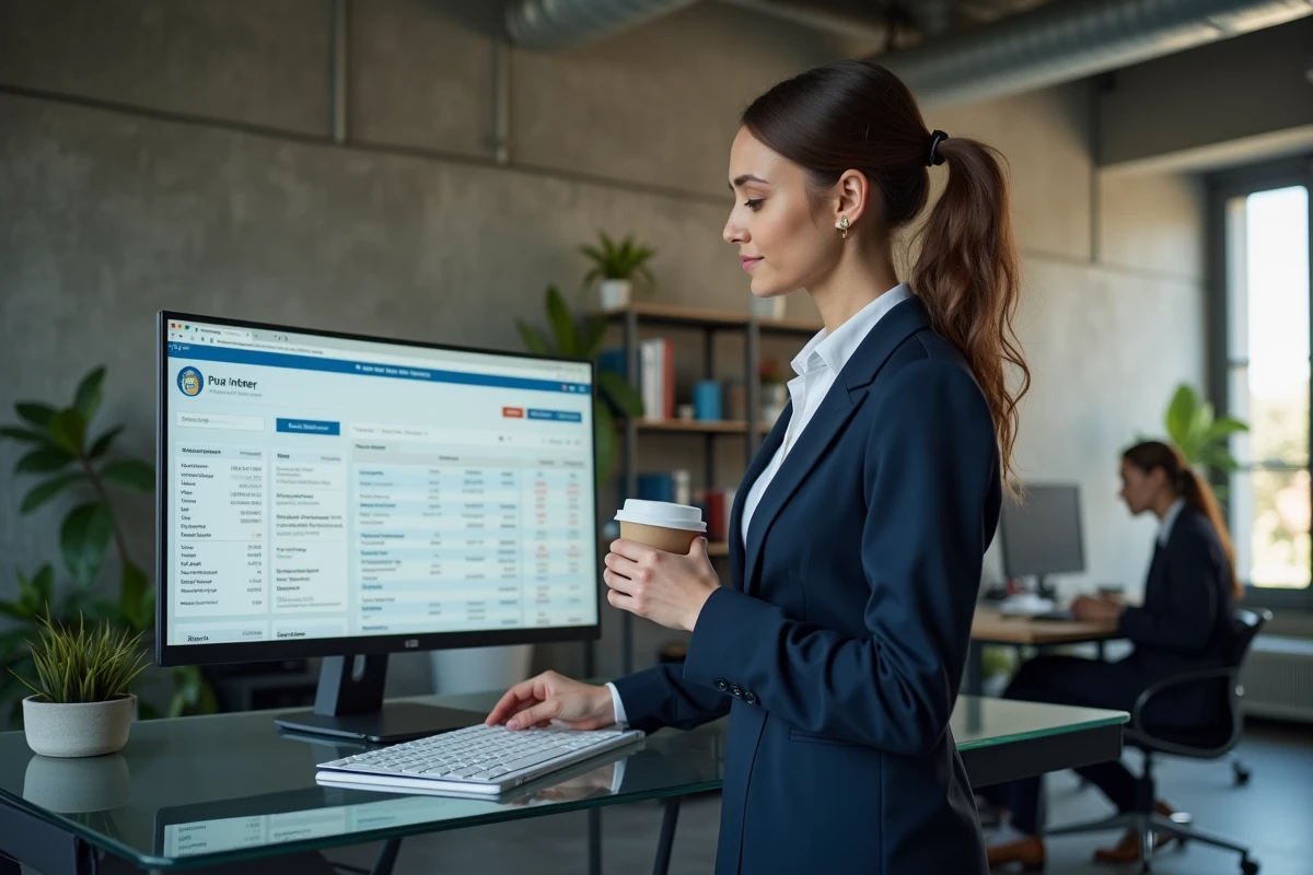 Femme professionnelle américaine consultant un résumé fiscal sur ordinateur dans un bureau moderne, illustrant les impôts fédéraux aux États-Unis