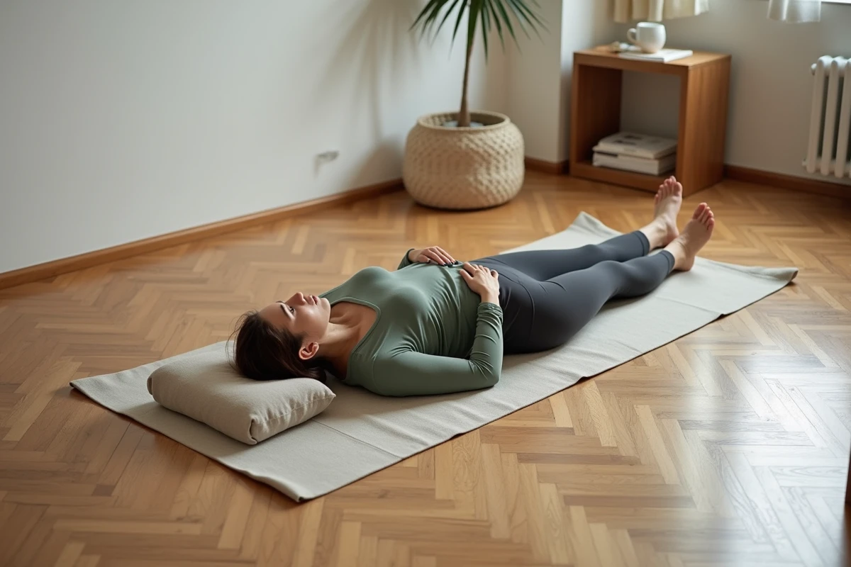Vue aérienne d'une femme allongée sur un tapis de yoga en lin pratiquant la relaxation consciente dans un espace minimaliste