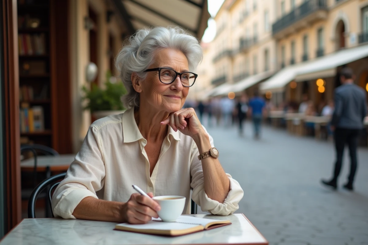 Femme retraitée prenant des notes dans un carnet à la terrasse d'un café en ville