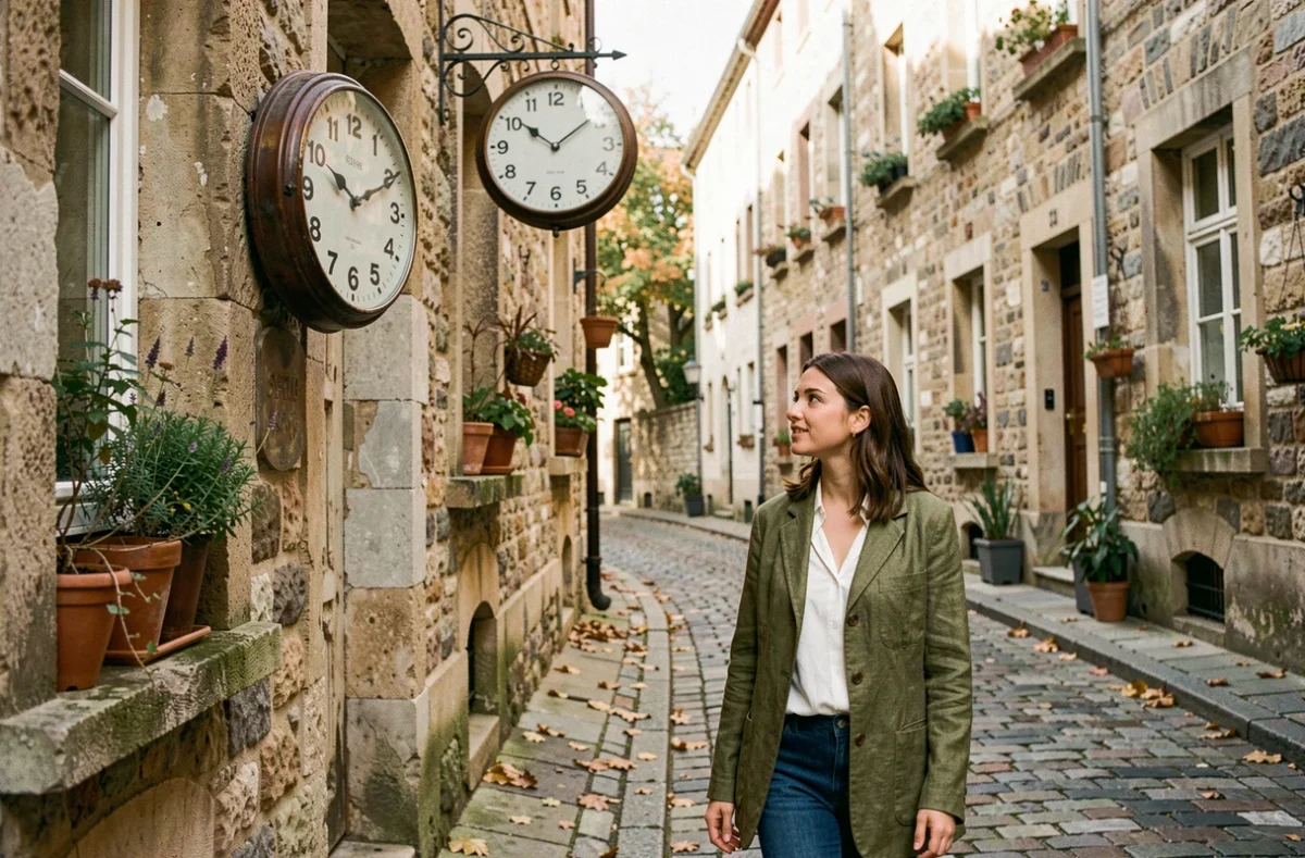 Jeune femme s'arrêtant devant une horloge murale affichant 16h16 dans une rue pavée en automne, illustrant le concept de l'heure miroir comme signe du destin