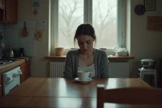 Femme seule dans une cuisine isolée illustrant les inconvénients de la vie solitaire et du manque de lien social
