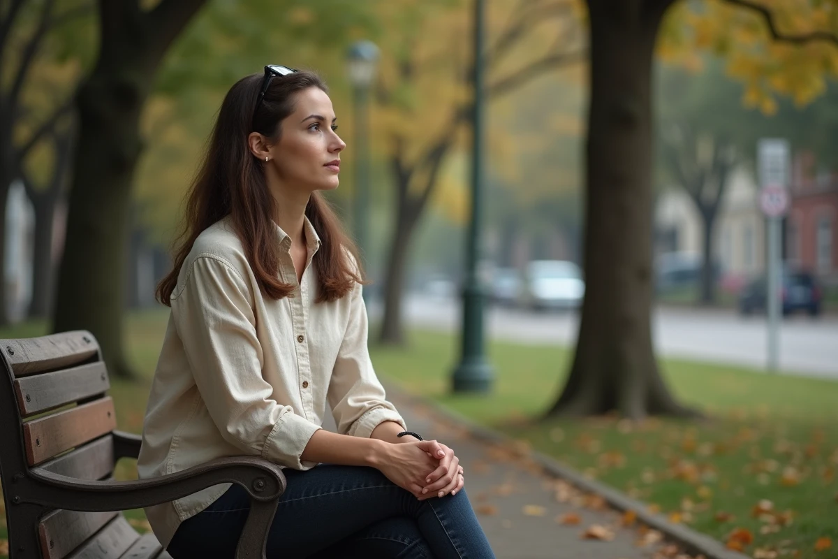 Femme adulte assise seule sur un banc dans un parc, regard perdu dans le vague, illustrant le détachement émotionnel