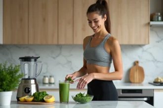 Femme sportive préparant un smoothie vert brûleur de graisse dans une cuisine moderne